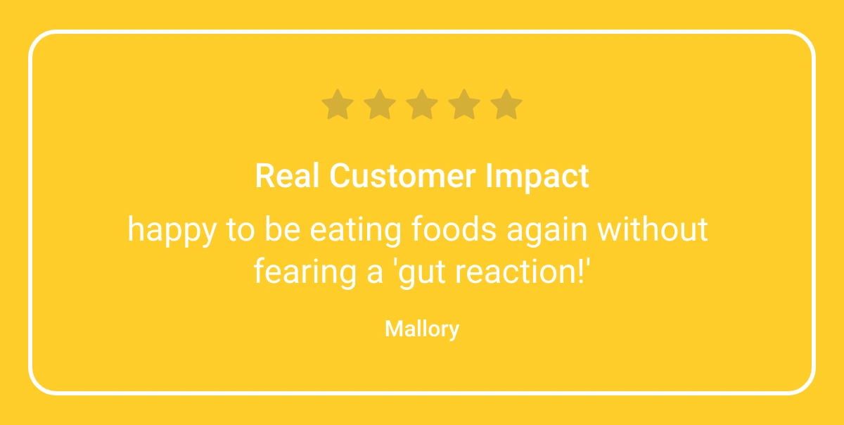  Real Customer Impact happy to be eating foods again without fearing a 'gut reaction!' Mallory