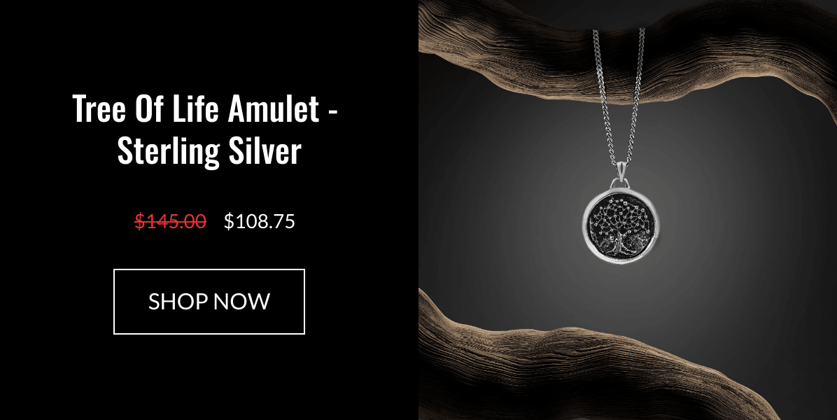 List of products:  Day One Pendant - Sterling Silver Tree Of Life Amulet - Sterling Silver Kairos Amulet - Sterling Silver Memento Mori Pendant - Sterling Silver Dagger Pendant - Black Onyx